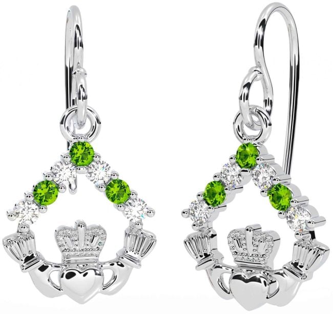 Diamond Peridot Silver Claddagh Dangle Earrings