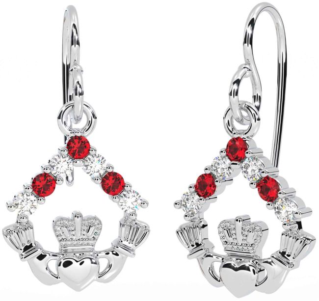 Diamond Ruby Silver Claddagh Dangle Earrings