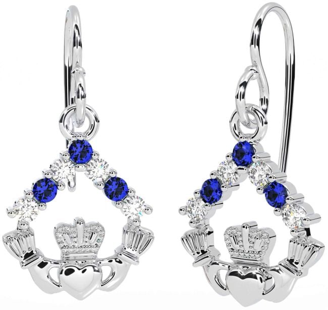 Diamond Sapphire Silver Claddagh Dangle Earrings