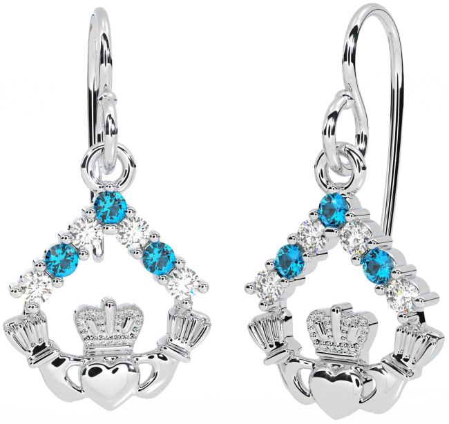 Diamond Topaz Silver Claddagh Dangle Earrings