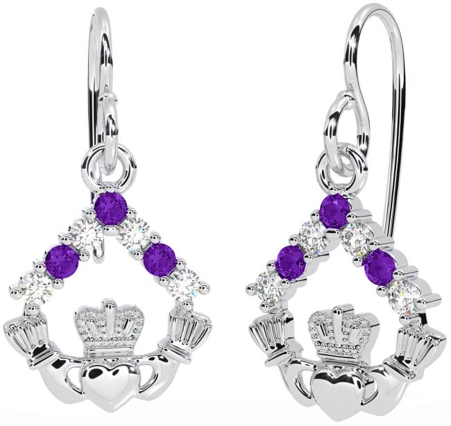 Diamond Amethyst White Gold Claddagh Dangle Earrings