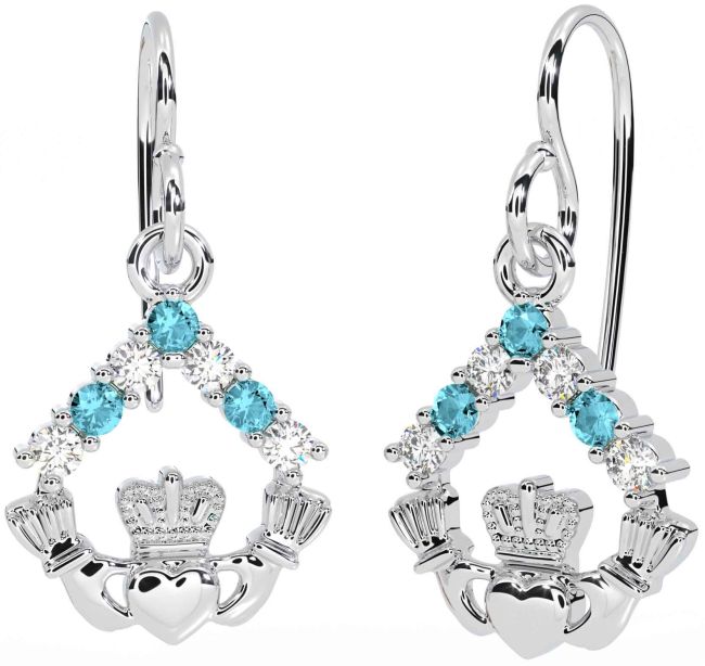 Diamond Aquamarine White Gold Claddagh Dangle Earrings