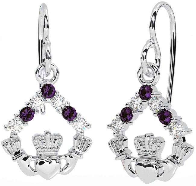 Diamond Alexandrite White Gold Claddagh Dangle Earrings