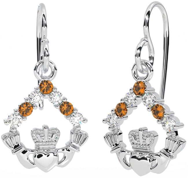 Diamond Citrine White Gold Claddagh Dangle Earrings