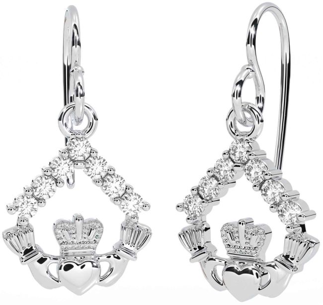 Diamond White Gold Claddagh Dangle Earrings