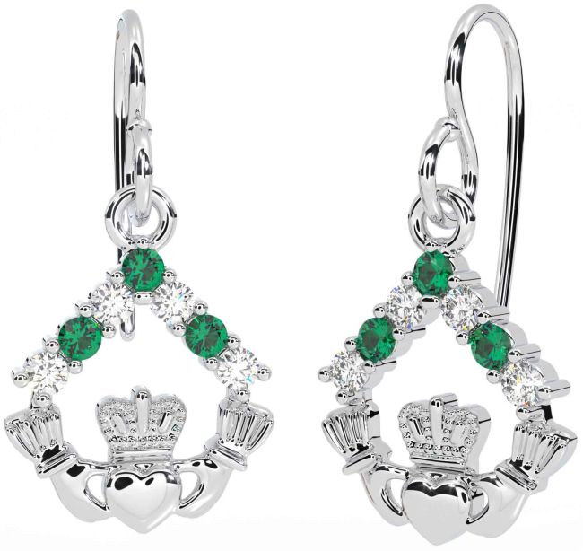 Diamond Emerald White Gold Claddagh Dangle Earrings