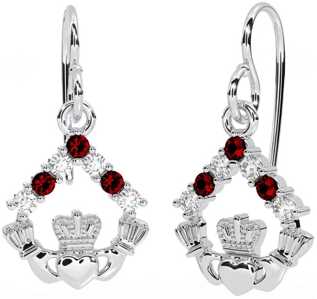 Diamond Garnet White Gold Claddagh Dangle Earrings