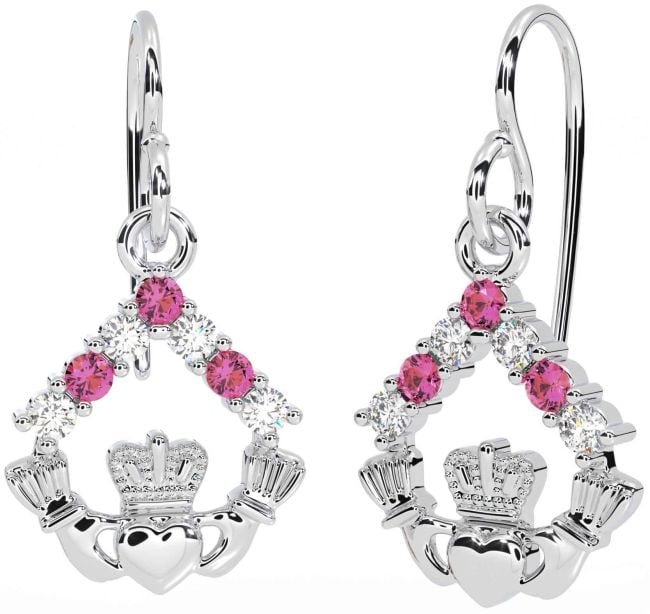 Diamond Pink Tourmaline White Gold Claddagh Dangle Earrings