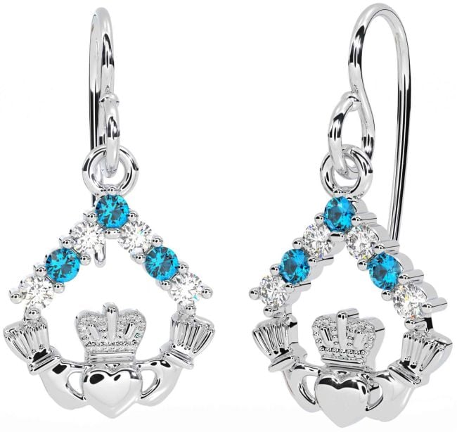 Diamond Topaz White Gold Claddagh Dangle Earrings