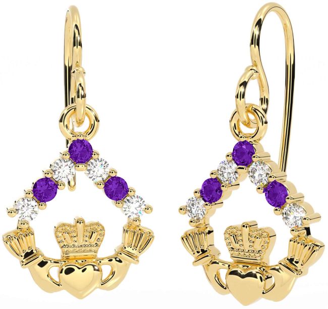 Diamond Amethyst Gold Claddagh Dangle Earrings