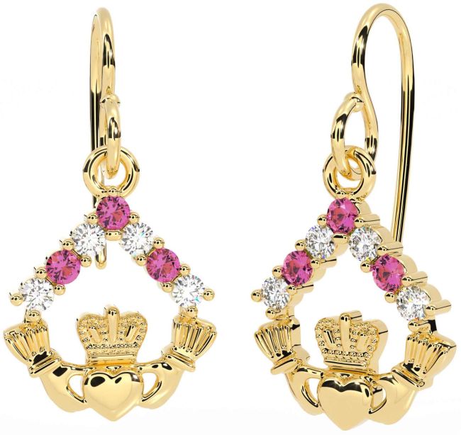 Diamond Pink Tourmaline Gold Claddagh Dangle Earrings