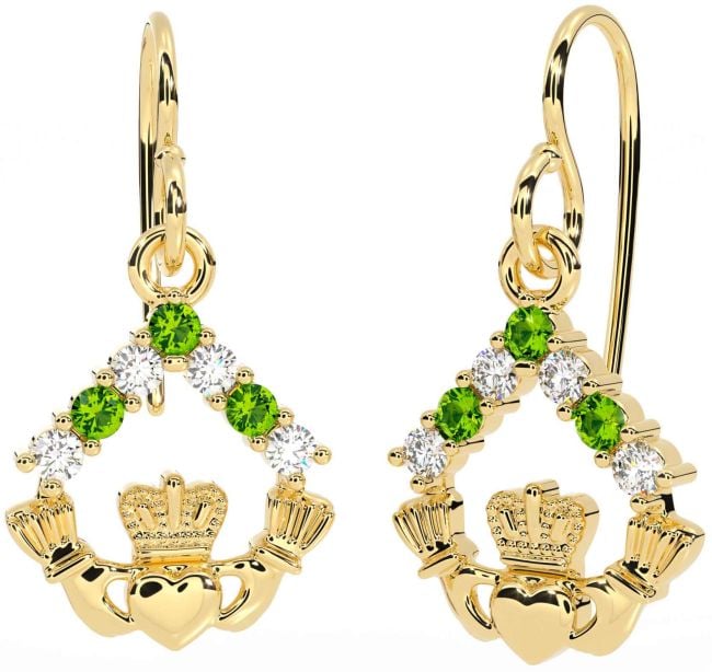 Diamond Peridot Gold Claddagh Dangle Earrings