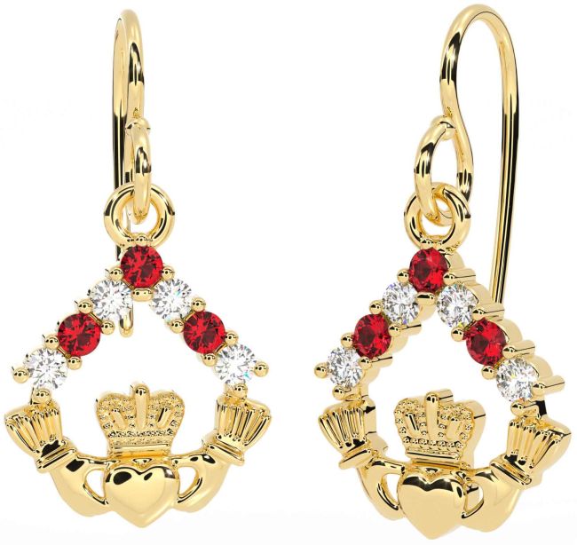 Diamante Rubí Oro Claddagh Colgar Pendientes