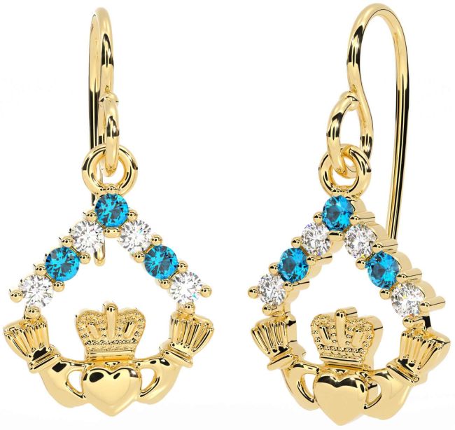 Diamond Topaz Gold Claddagh Dangle Earrings