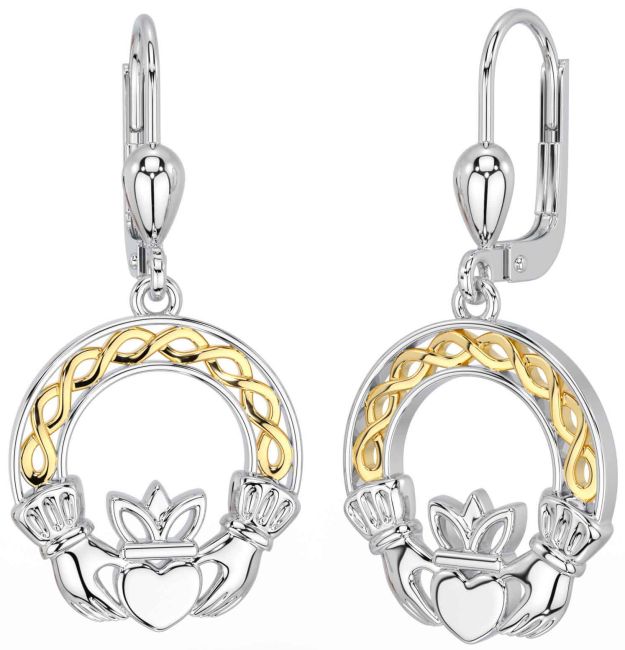 White Yellow Gold Celtic Claddagh Dangle Earrings