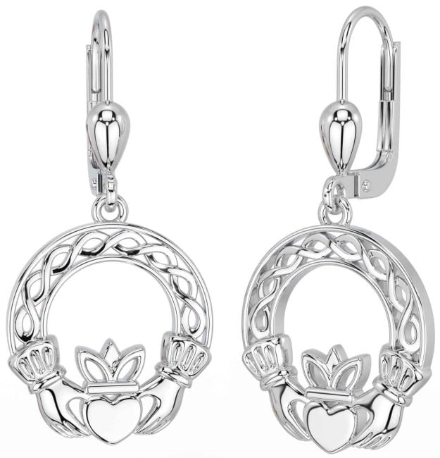 White Gold Celtic Claddagh Dangle Earrings