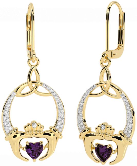 Diamond Alexandrite Gold Silver Claddagh Celtic Trinity Knot Dangle Earrings