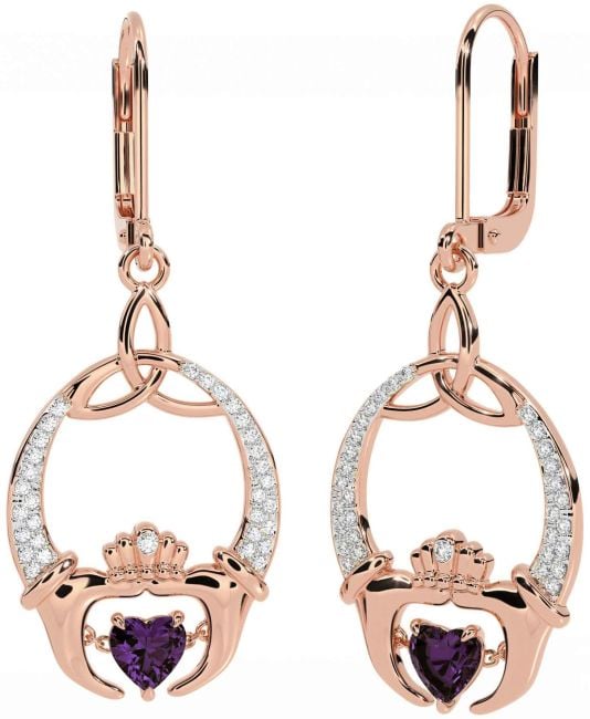 Diamond Alexandrite Rose Gold Claddagh Celtic Trinity Knot Dangle Earrings