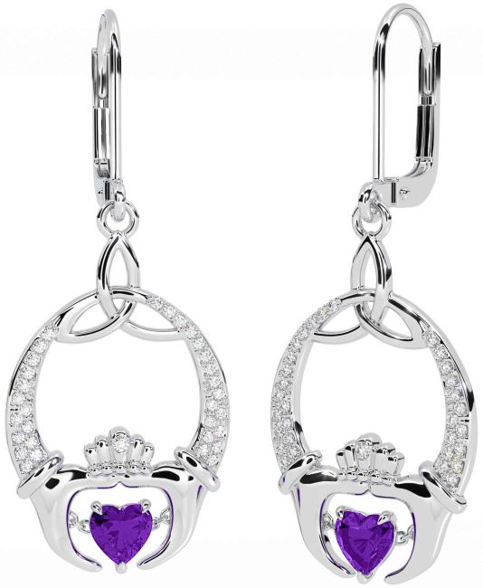 Diamond Amethyst Silver Claddagh Celtic Trinity Knot Dangle Earrings