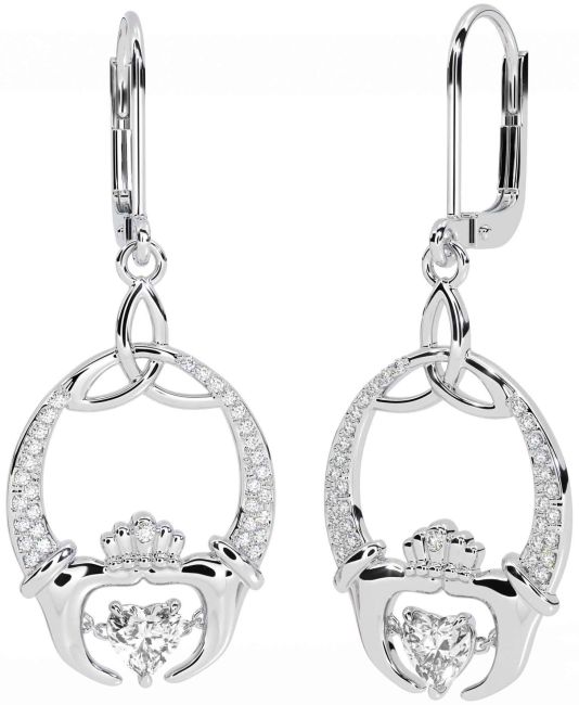 Diamond Silver Claddagh Celtic Trinity Knot Dangle Earrings