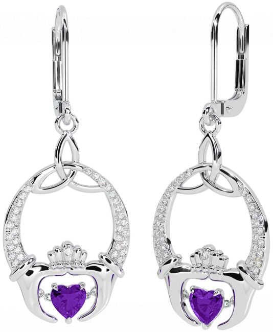 Diamond Amethyst White Gold Claddagh Celtic Trinity Knot Dangle Earrings