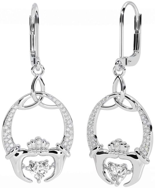 Diamond White Gold Claddagh Celtic Trinity Knot Dangle Earrings