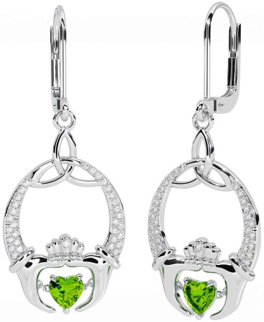 Diamond Peridot White Gold Claddagh Celtic Trinity Knot Dangle Earrings