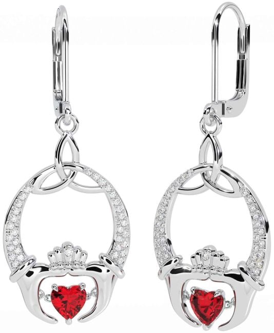 Diamond Ruby White Gold Claddagh Celtic Trinity Knot Dangle Earrings