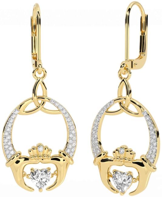 Diamond Gold Claddagh Celtic Trinity Knot Dangle Earrings