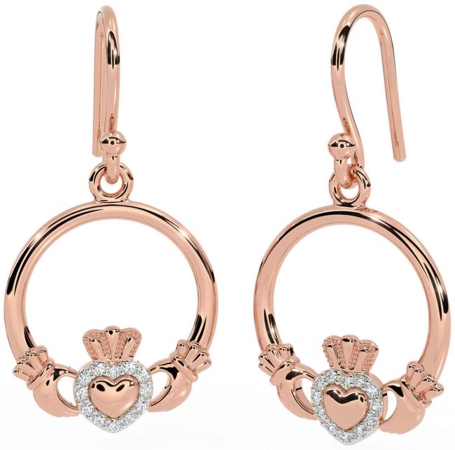 Diamond Rose Gold Silver Claddagh Dangle Earrings