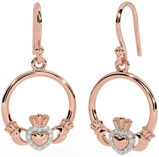 Diamond Rose Gold Claddagh Dangle Earrings