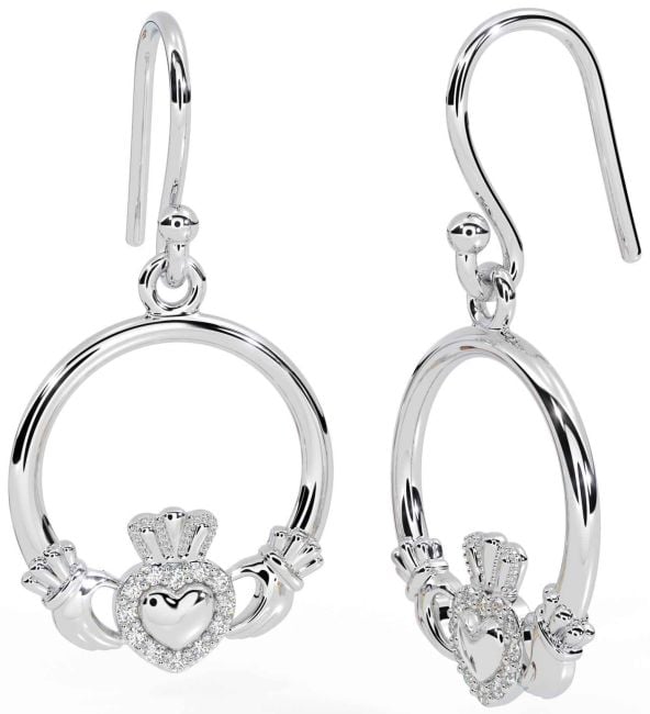 Diamond Silver Claddagh Dangle Earrings