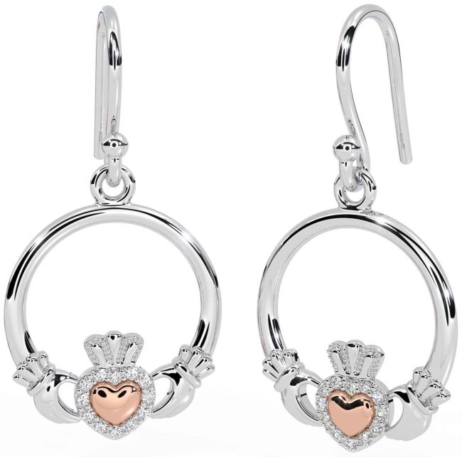 Diamond Rose Gold Silver Claddagh Dangle Earrings