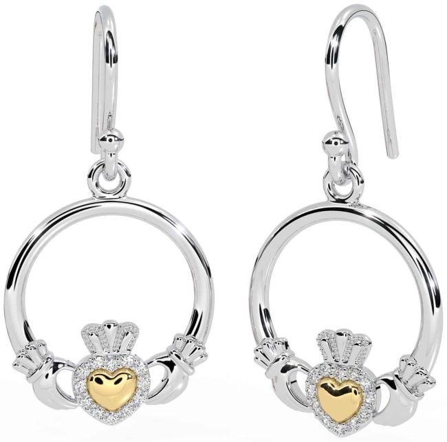 Diamond Gold Silver Claddagh Dangle Earrings