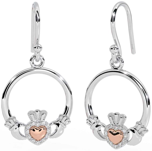 Diamond White Rose Gold Claddagh Dangle Earrings