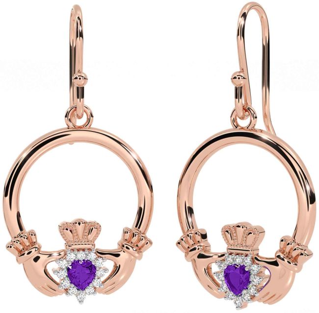 Diamond Amethyst Rose Gold Silver Claddagh Dangle Earrings