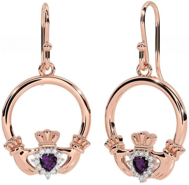 Diamond Alexandrite Rose Gold Silver Claddagh Dangle Earrings