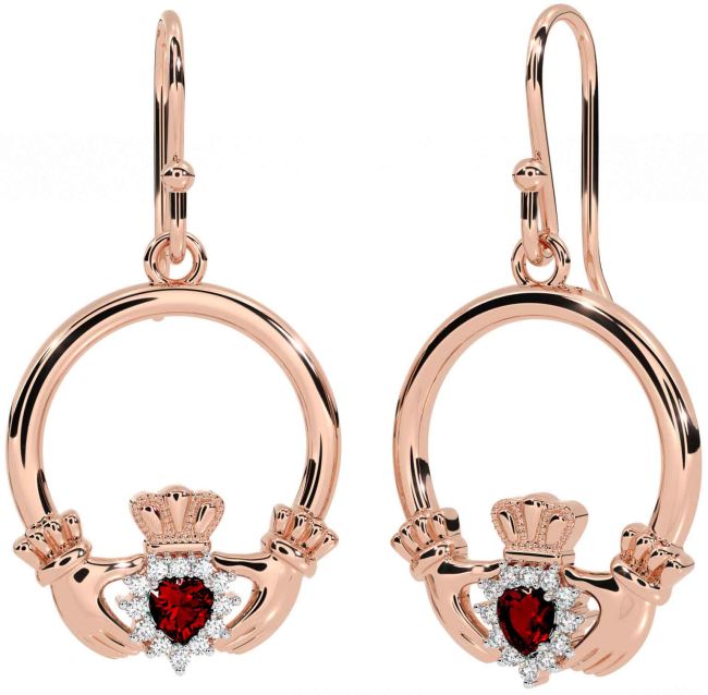 Diamond Garnet Rose Gold Silver Claddagh Dangle Earrings