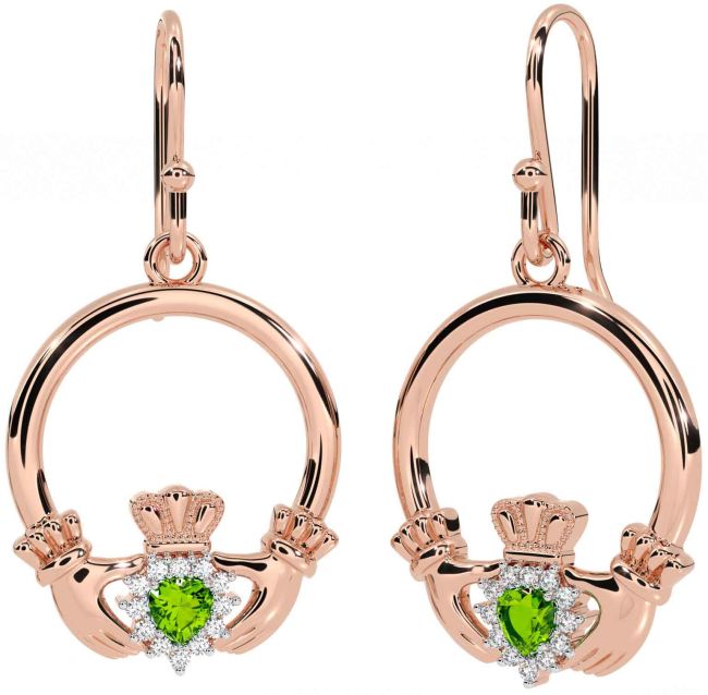 Diamond Peridot Rose Gold Silver Claddagh Dangle Earrings