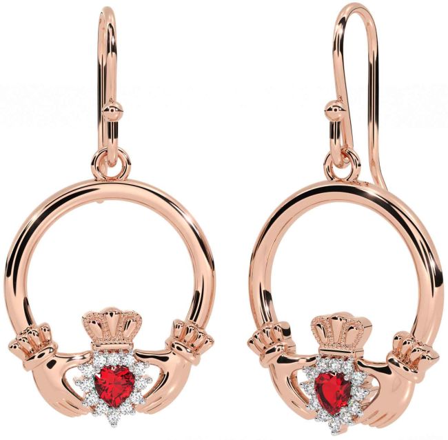 Diamond Ruby Rose Gold Silver Claddagh Dangle Earrings