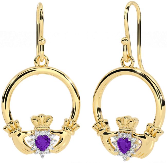 Diamond Amethyst Gold Silver Claddagh Dangle Earrings