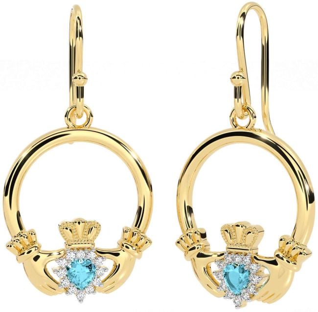 Diamond Aquamarine Gold Silver Claddagh Dangle Earrings