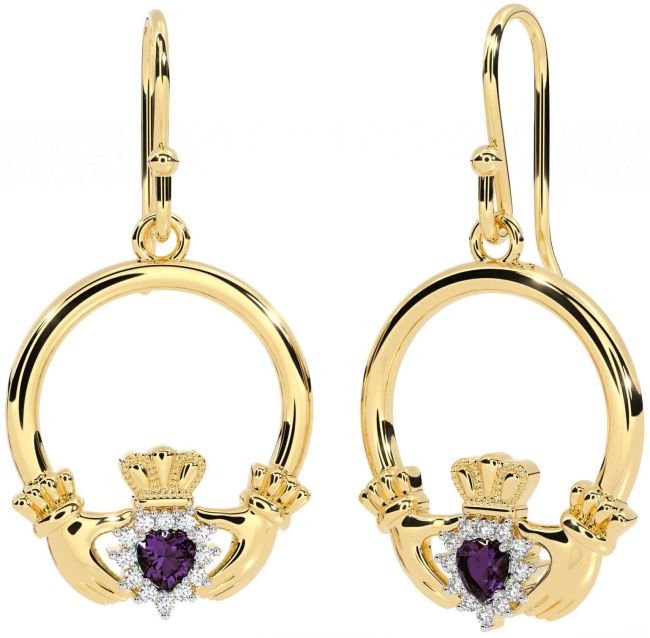 Diamond Alexandrite Gold Silver Claddagh Dangle Earrings