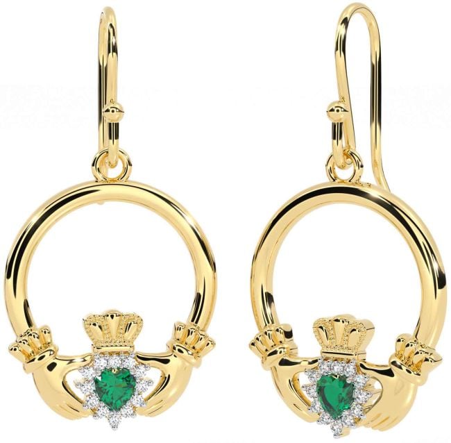 Diamond Emerald Gold Silver Claddagh Dangle Earrings