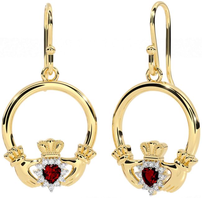 Diamond Garnet Gold Silver Claddagh Dangle Earrings