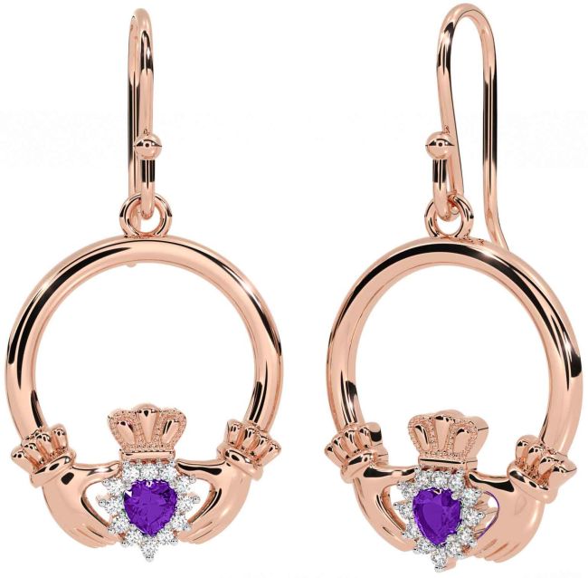 Diamond Amethyst Rose Gold Claddagh Dangle Earrings