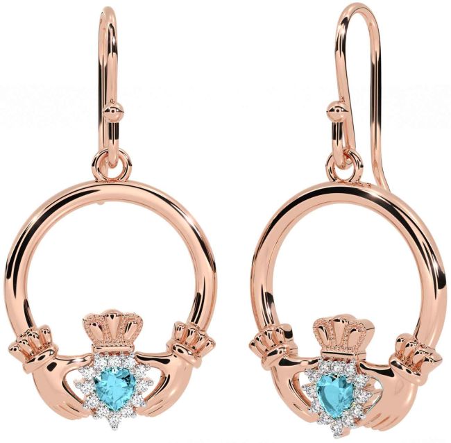 Diamond Aquamarine Rose Gold Claddagh Dangle Earrings