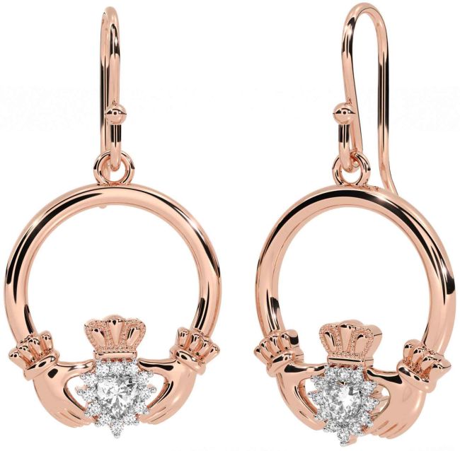 Diamond Rose Gold Claddagh Dangle Earrings