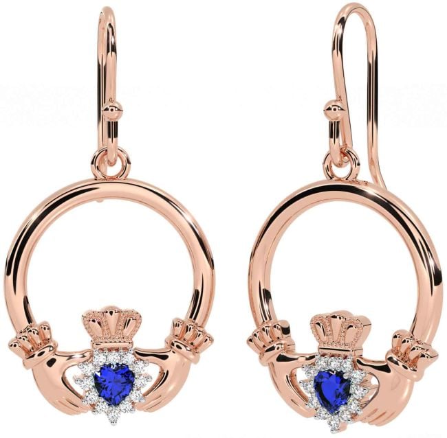 Diamond Sapphire Rose Gold Claddagh Dangle Earrings
