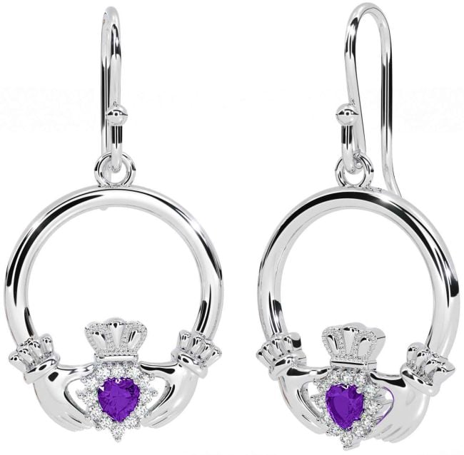 Diamond Amethyst Silver Claddagh Dangle Earrings